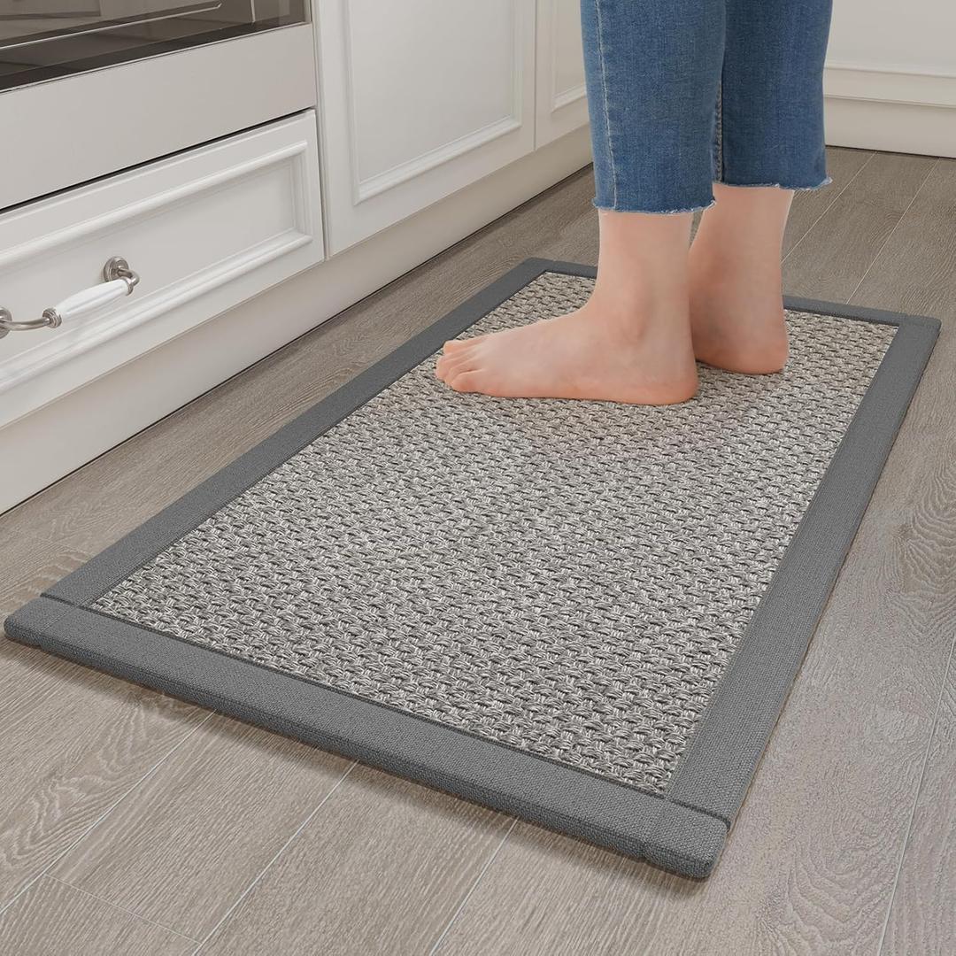 Anti Fatigue Kitchen Rugs Mat Non Slip Washable, 0.4" Thick Soft Cushioned Absorbent Kitchen Mats for Floor, Jute-Like Woven Laundry Standing Mats Sink Mat, Easy Clean Care, Gray 17"x30"