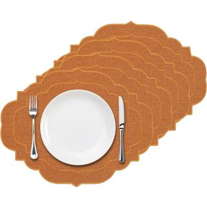 Cotton Linen Oval Placemats Set of 4, HADEEONG Table Mats Cloth Placemats, Washable Wrinkle Resistance, Scalloped & Embroidered Fabric Placemats, 17.71 x 13.77inch (Orange, 4)