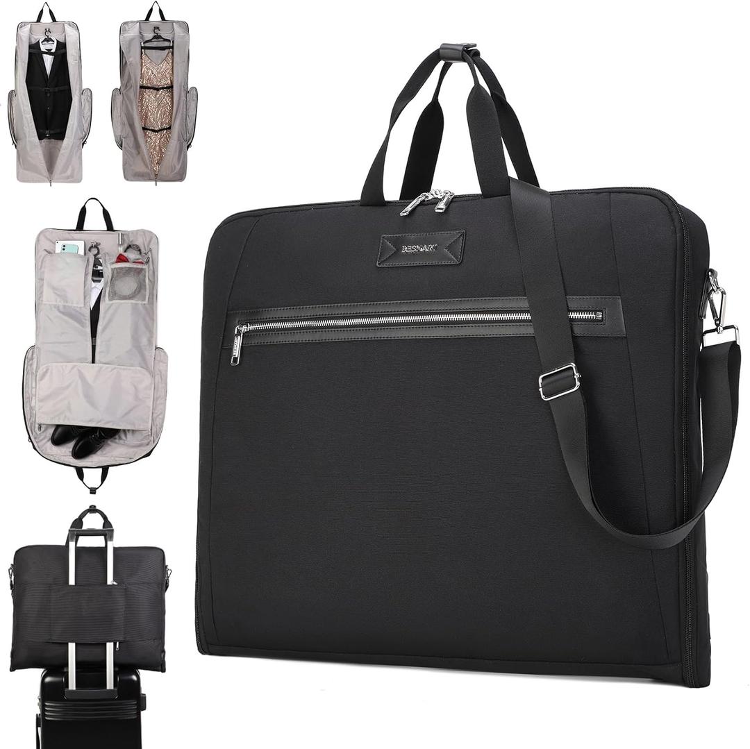 BE SMART Waterproof Foldable Garment Bags for Travel, 51" Large Travel Hanging Bags for Clothes, Carry on Suit Bag with Strap for Men Women, Wrinkle Free Luggage Suit Cover for Business Trips(Black)