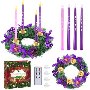 Aodaer 12 Inch Christmas Advent Wreath Advent Candle Holder with 4 Remote Control Flameless Taper Candles Xmas Centerpiece Decorations for Christmas Home Church Decor