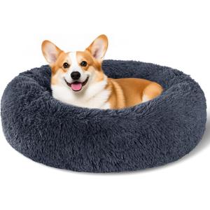 Dog Calming Beds for Small Medium Large Dogs - Round Donut Washable Puppy Dog Bed, Anti-Slip Faux Fur Fluffy Donut Cuddle Anxiety Cat Pet Bed(28" Dark Grey)
