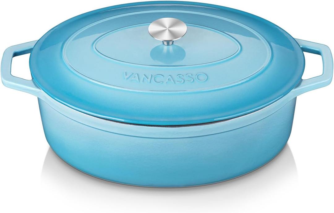 vancasso Enameled Cast Iron Dutch Oven, 9.3 Quart Dutch Oven Pot with Lid, Oval Dutch Oven Cast Iron Pot with Non Stick Coating for Bread Baking, Light Blue