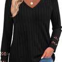 PRETTYGARDEN Women's Long Sleeve Shirts Ribbed Knit V Neck Tee Dressy Casual Blouses Going Out Tunic Tops 2026 Fall Outfits (Black, L)
