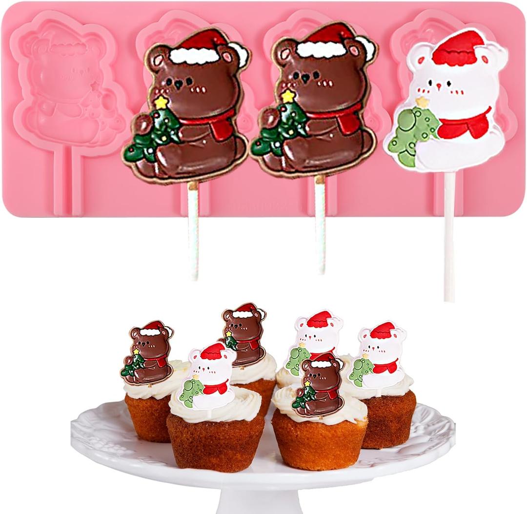 2 x 1 Pcs Christmas Bear Chocolate Silicone Mold, Cute Bear Lollipop Fondant Mold, for Christmas Party Cake Decoration, Biscuit Candy Flower Paste Chewing Gum Resistant to High and Low Temperature
