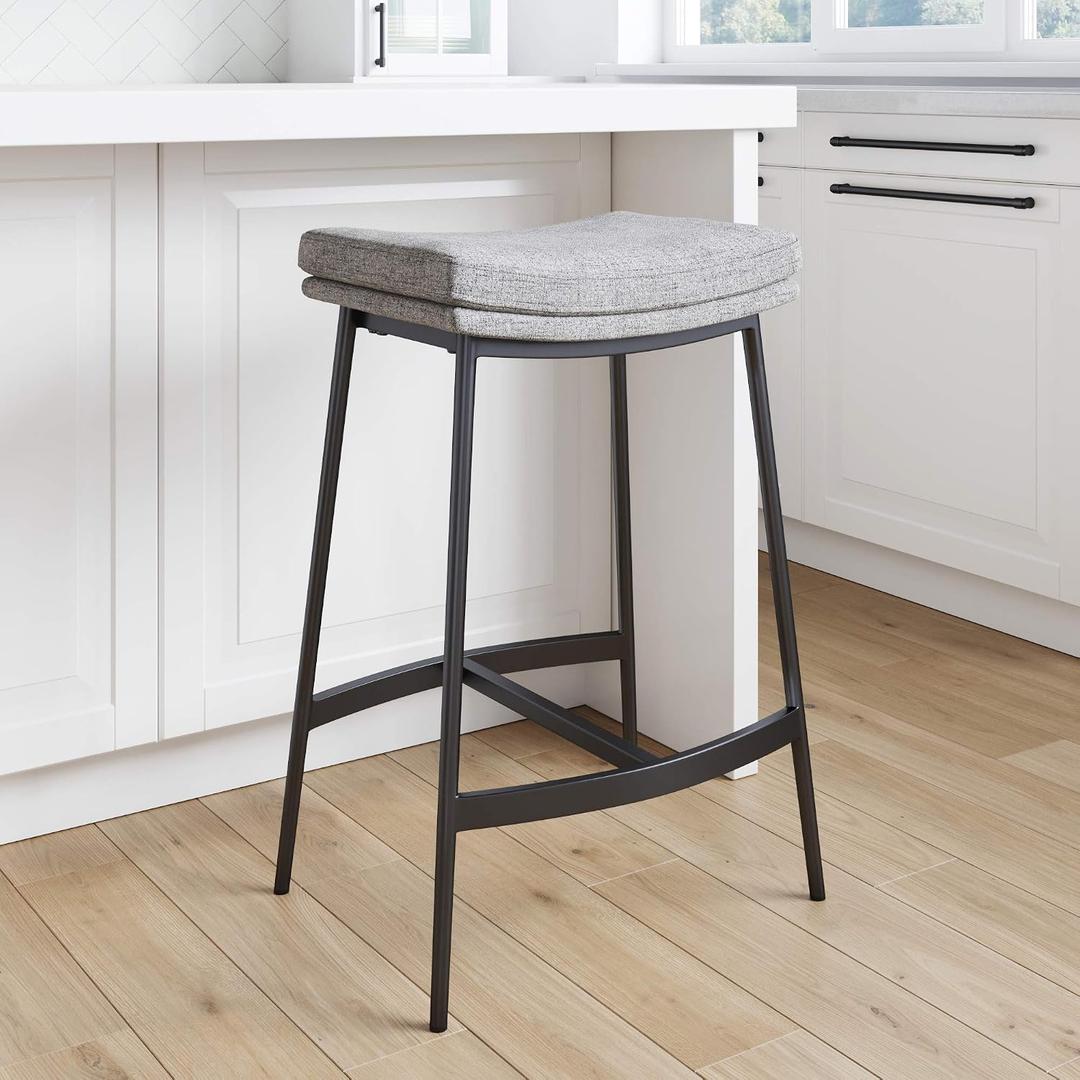 Arlo Modern Backless Upholstered Kitchen Counter Bar Stool with Double-Layered Saddle Seat and Black Metal Base, Grey/Matte Black, Set of 1
