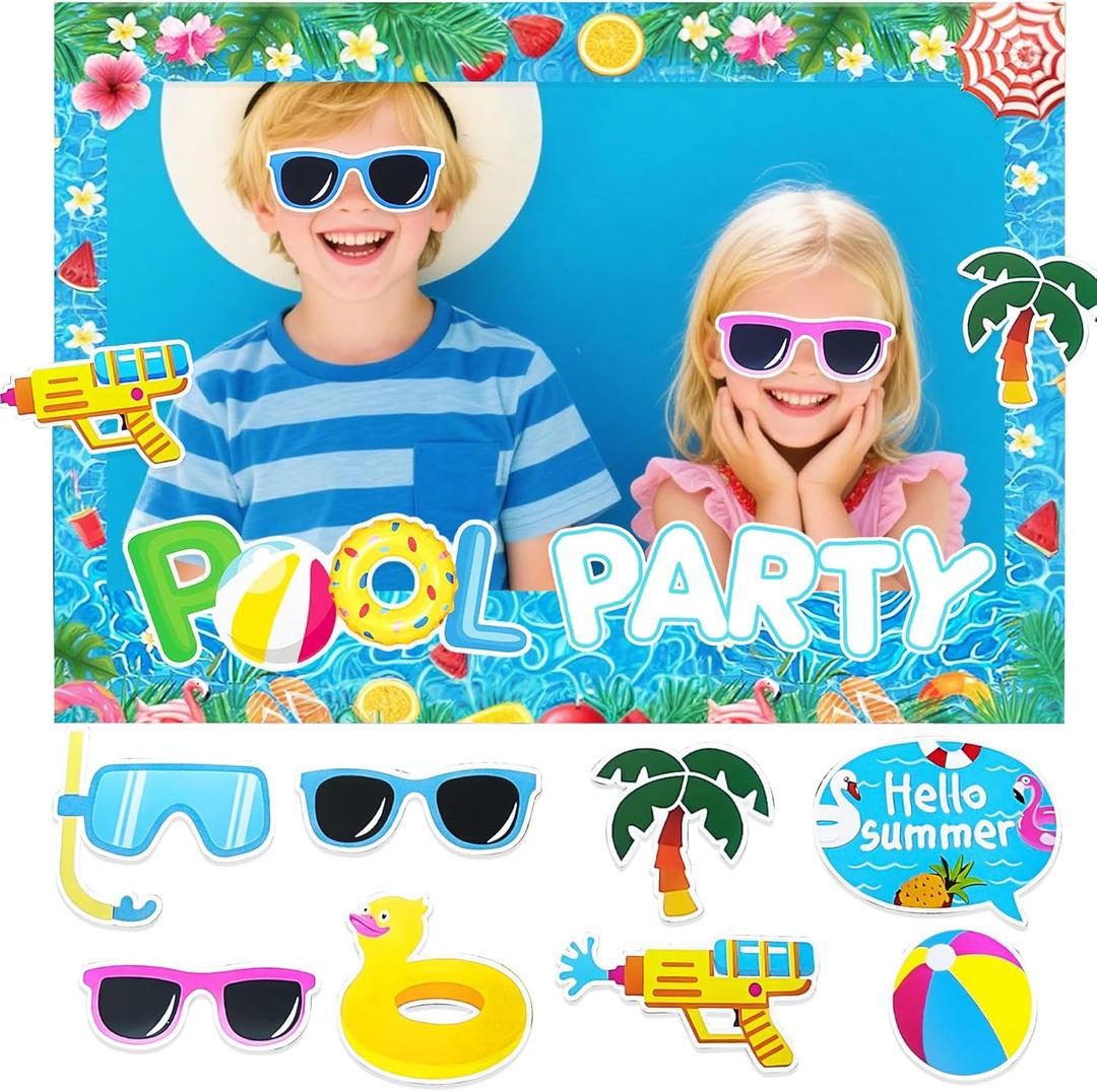 JeVenis Pool Party Decorations Photo Booth Props Frame Summer Party Supplies Luau Summer Decor Tropical Hawaiian Birthday Photo Booth Props