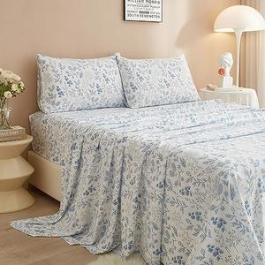 LifeTB 3 Piece Floral Bed Sheets Set Twin XL Sheets & Pillowcase Set - Extra Soft Vintage Blue Floral Sheets Set Deep Pocket 16" - Botanical Flower Luxury Soft Cooling Bed Sheets for Twin XL Size Bed