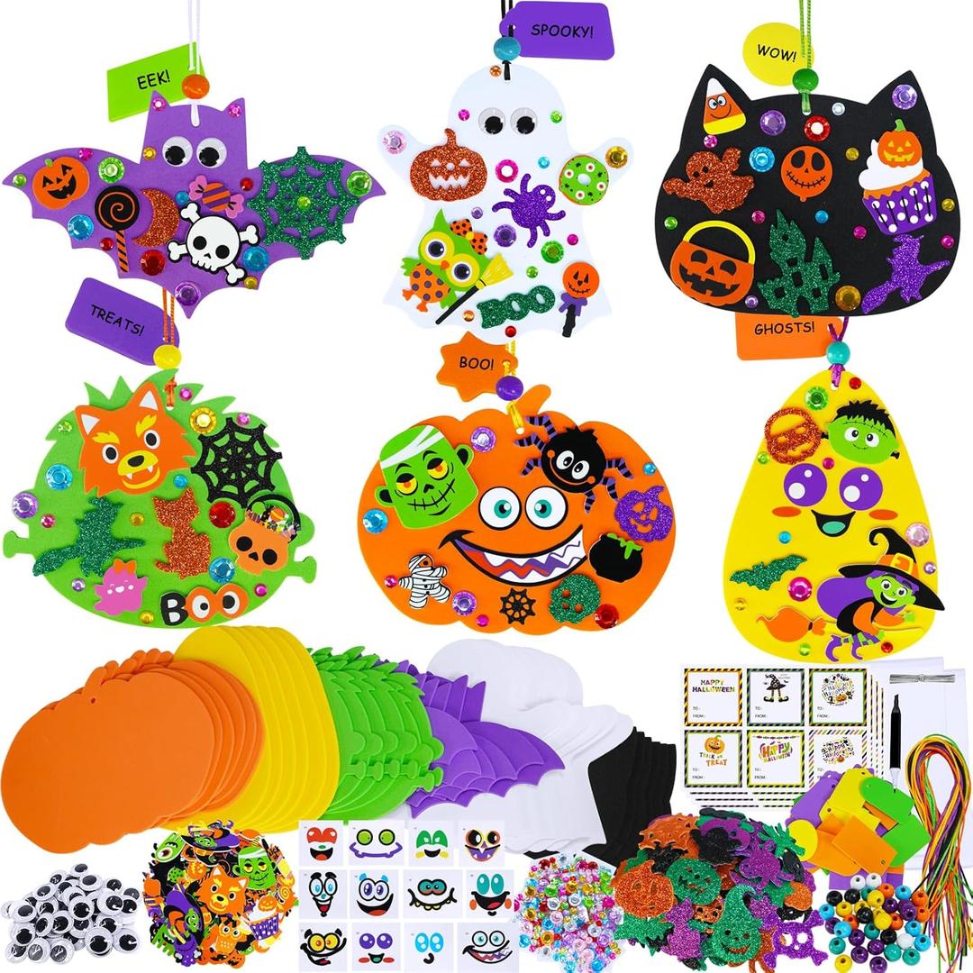 Winlyn 36 Sets Halloween Craft Kits Fall Crafts DIY Pumpkin Bat Black Cat Ghost Candy Corn Frankenstein Ornaments Art Crafts Sets Foam Stickers for Kids Classroom Activities Halloween Party Treats