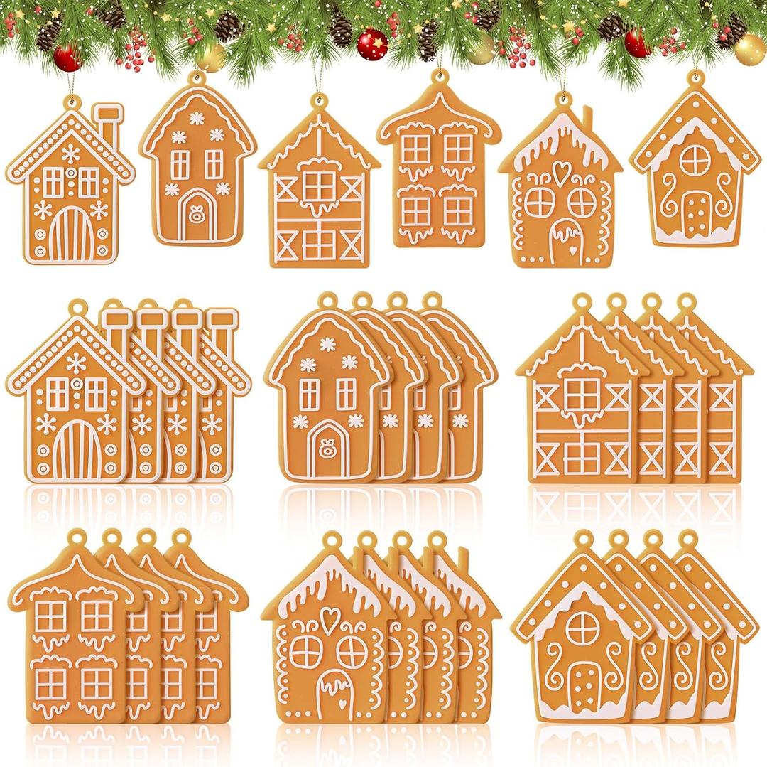 Shellwei 24 Pcs Gingerbread House Ornaments Christmas Tree Ornaments Bulk Gingerbread Christmas Tree Decorations Rustic Hanging Decor for Xmas Indoor Home