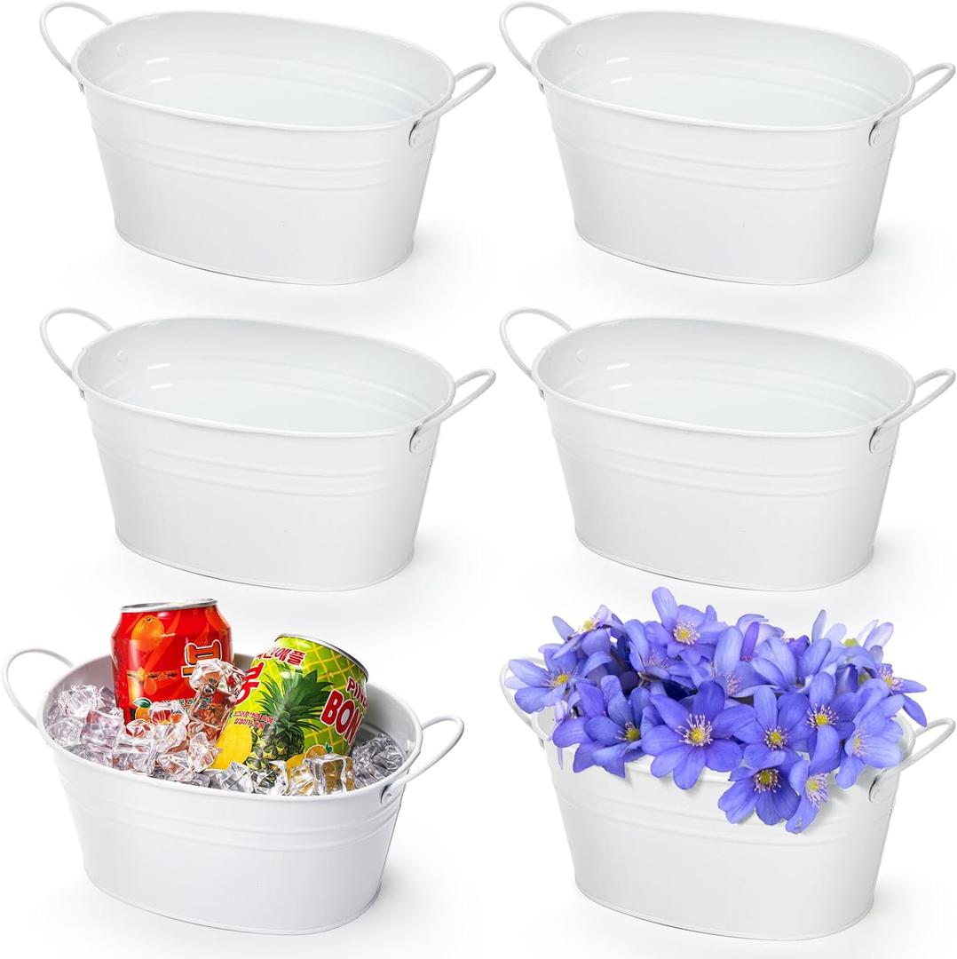 Foraineam 6 Pack Metal Flower Pots with Handles, Oval Flower Planter Tubs Floral Arrangement Bucket Plant Pot Holders, Garden Succulent Cactus Container for Indoor Outdoor Wedding Party Events Decor