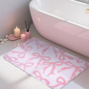 Bow Rug Pink Bathroom Rugs, Coquette Bath Mat Non-Slip Absorbent Cute Aesthetic Room Decor Bathmat, Washable Plush Carpet for Bathtub Shower, Bedroom, Kitchen(20''*26'')