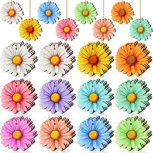 Maitys 36 Pcs Spring Flower Ornaments for Tree Hawaiian Wooden Flower Decorate Wooden Hibiscus Daisy Hanging Decor for Birthday Wedding Baby Shower Themed Summer Holiday Party Decoration (Daisy)