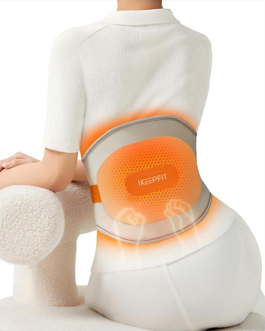 IKEEPFIT Portable Heating Pad for Back, Cordless Wearable Heat Belt with Massager for Lower Back Pain Relief, Battery Powered 8000 mAh Rechargeable, MAXwarm 3.0, Gift for Women Men 90-310 lbs (Beige)