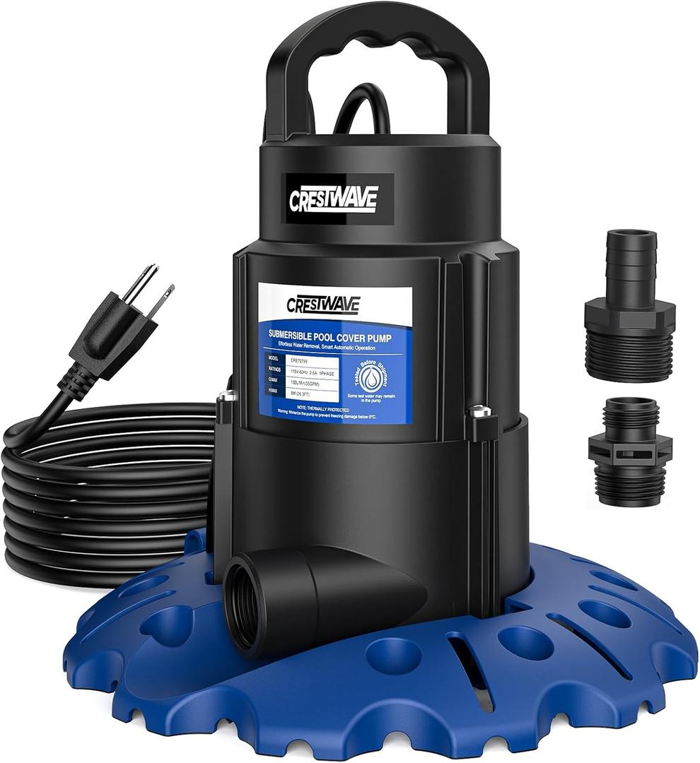 CrestWave 1/3 HP Automatic Pool Cover Pump, 3100GPH Auto On/Off Sump Pump with Weighted Anti-Tip Base & Clog-Resistant Dual Filter, 3/4'' GHT Adapters, 25ft UL Cord & Rope for Pool, Hot Tub, Basement