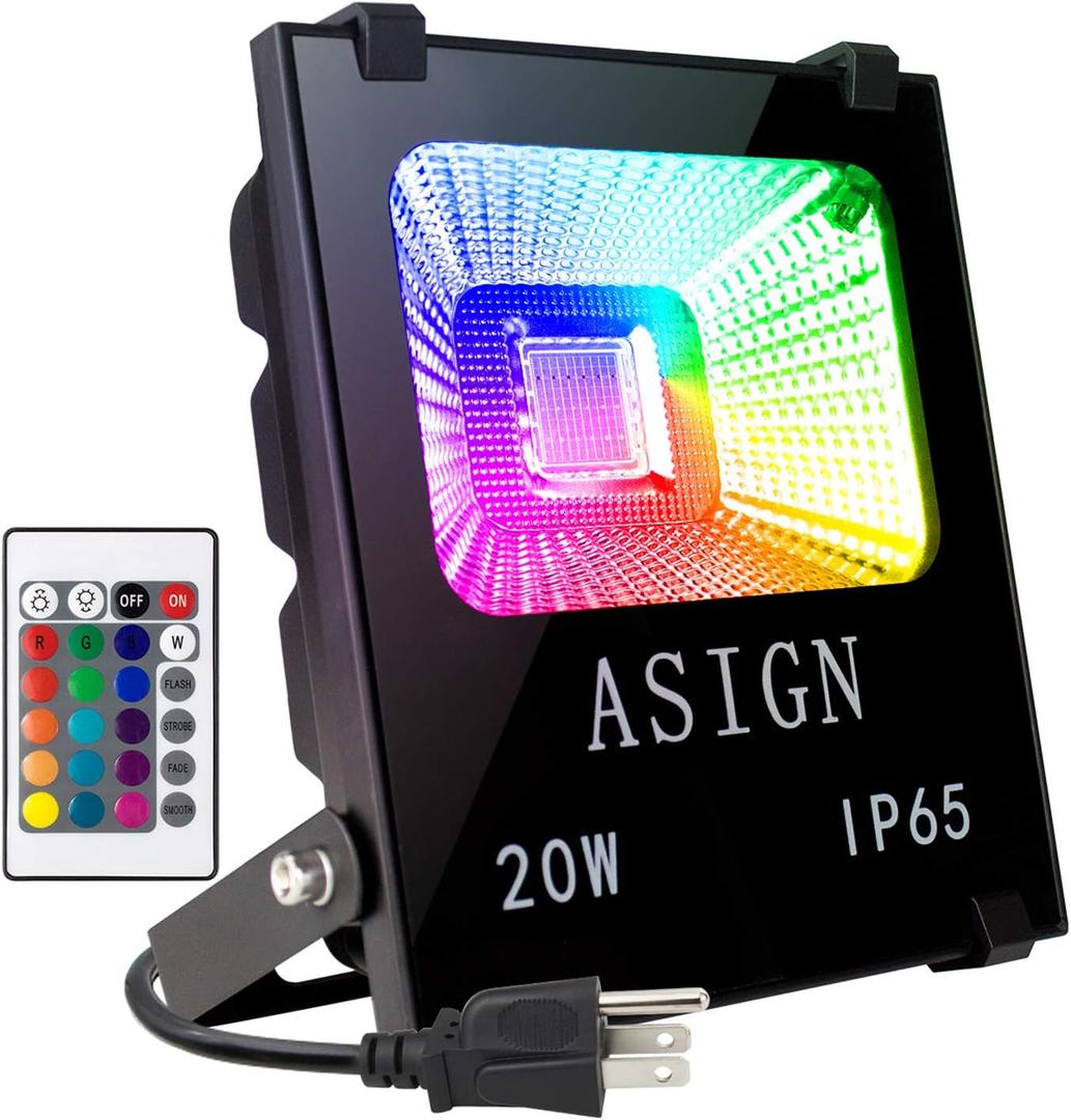 ASIGN 20W RGB LED Flood Lights, Indoor Outdoor Decoration Light Waterproof Color Changing LED Security Light with Remote Control, Dimmable Wall Washer Lights with US 3-Plug
