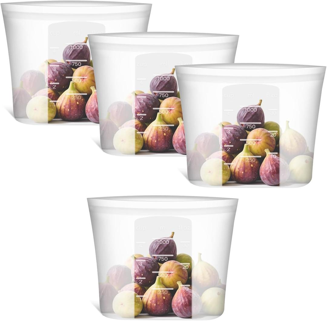 Small Reusable Silicone Food Storage Bags 4 Pack, 33fl oz/1000ml, 100% Silicone Stand-Up Wide-Open Zip-Lock Reusable Bags for Small Items, Microwave Freezer Oven Dishwasher Safe, Translucent