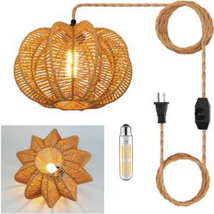 Plug in Pendant Light Rattan Hanging Lights with Plug in Cord 15FT Hemp Rope Cord, Dimmable Switch  Indoor Hanging Lamps for Boho Living Room BedroomBulb Included 11 x 7 inch (Cactus Shaped(Dimmable))