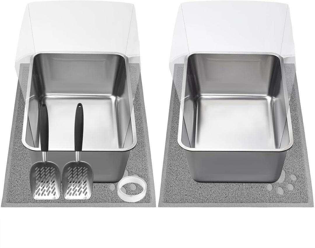 2 PCS Stainless Steel Cat Litter Box, Extra Large Metal Litter Box with Plastic Shields, Kitty Basic Litter Pan 23.6''*15.8'' with Metal Litter Scoopers, Litter Mat