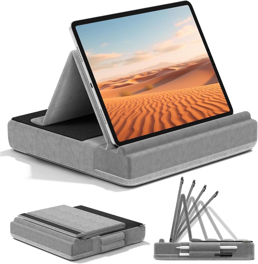 KDD Tablet Pillow Stand, Multi-Angle Viewing Ipad Holder for Lap, Bed and Desk, Foldable Soft Pad Dock with Stylus Mount Compatible with Ipad Pro 12.9, 10.5, 11, Air, Mini, Phones, Books, E-Reader