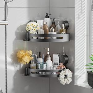 Bathroom Shower Caddy, Suction Cup Corner Shelf,2 Packs Rustproof Wall Mounted Bath Shelves Storage Rack,No Drilling Shower Organizer with 4 Hooks,Kitchen Home Gadget Essentials (Corner-2pack)
