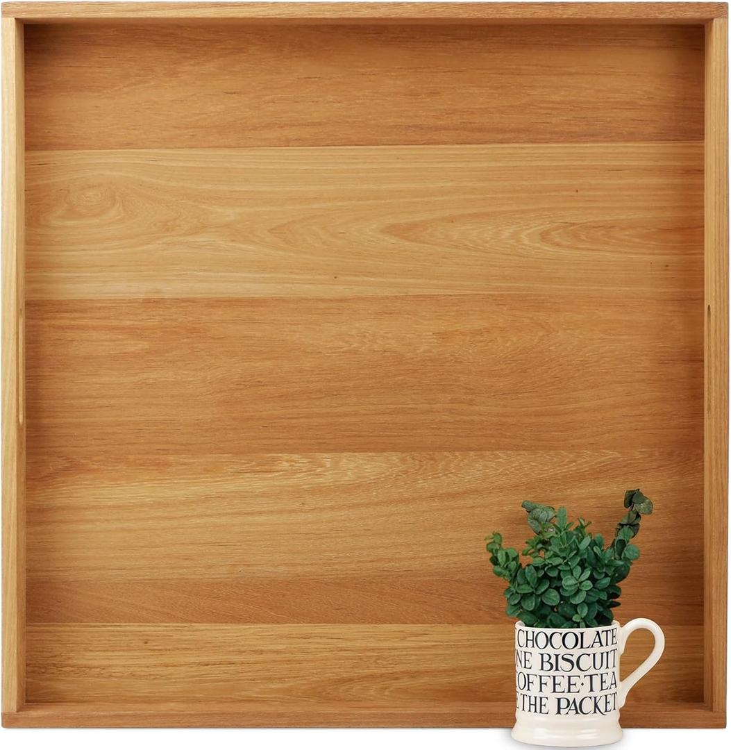 24 x 24 Inches Large Square Teak Wood Ottoman Tray with Handles, Serve Tea, Coffee Classic Wooden Decorative Serving Tray