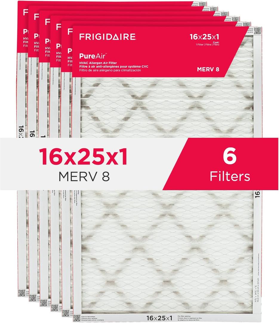 Frigidaire PureAir 16x25x1 MERV 8 Allergen Electrostatic Pleated Air Conditioner HVAC AC Furnace Filters - 6 Pack (exact dimensions 15.81 X 24.81 X 0.81)