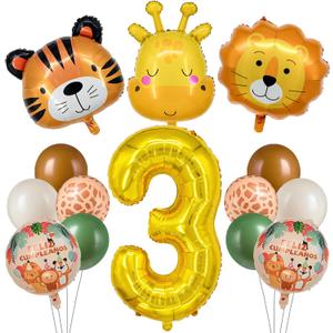 14Pcs Extra Large Tiger, Giraffe & Lion Safari Animal Balloon Set for 3rd Birthday Decorations - Jungle Themed Party & 40" Gold Numeral Foil Balloons (Animal Theme, 3)