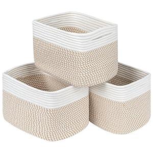 Kriitools Cube Shelf Storage Baskets for Organizing, Rectangular Woven Rope Baskets, Cotton Rope Towel Baskets for Living room, Off White & Mixed Camel set of 3