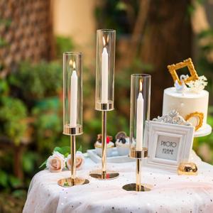 Hurricane Taper Candle Holders: Gold Glass Candlestick Holder Tall Candle Sticks Holder Decor with Glass Cover for Wedding Table Centerpiece Party Birthday Christmas Home Mantel, Set of 3