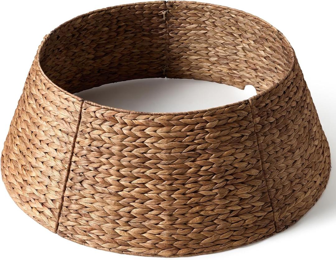 36in Large Christmas Tree Collar - Woven Hyacinth Tree Collars for Artificial Trees - Rattan Rustic Farmhouse Basket for Tree Base Cover with Cord Cut-Out for 7.5ft 9ft 10ft Tree (Brown)