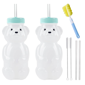 Honey Bear Straw Cups, Juice Bear Bottle Drinking Cup Long Straws with 4 Flexible Straws & Cleaning Tools, 8-Ounce Therapy Sippy Bottles for Speech and Feeding Training, Food-Grade & BPA Free 2 Pack