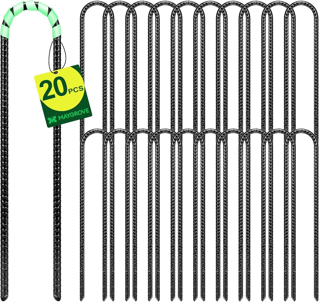 Maygrove 12 Inch Rebar Stakes Heavy Duty 20 Pack, U Shaped Ground Stakes, Galvanized Steel Trampoline Stakes, Tent Anchor Kit Anti-Rust, Drip Hose Wind Stakes, Black