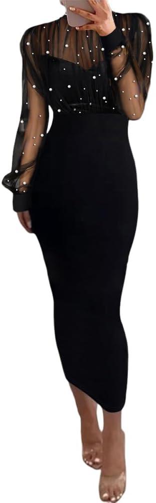 CHICME Women's Sexy Bodycon Midi Dress Mock Neck Long Sleeve Sheer Dresses Beaded Night Club Party Dresses (Medium)