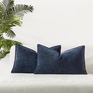 JUSPURBET 12x20 Throw Pillow Covers Set of 2 Decorative Pillow Covers for Couch Sofa Bed Cozy Chenille Lumbar Cushion Covers Cases with Invisible Zipper for Living Room Home Decor,Navy Blue