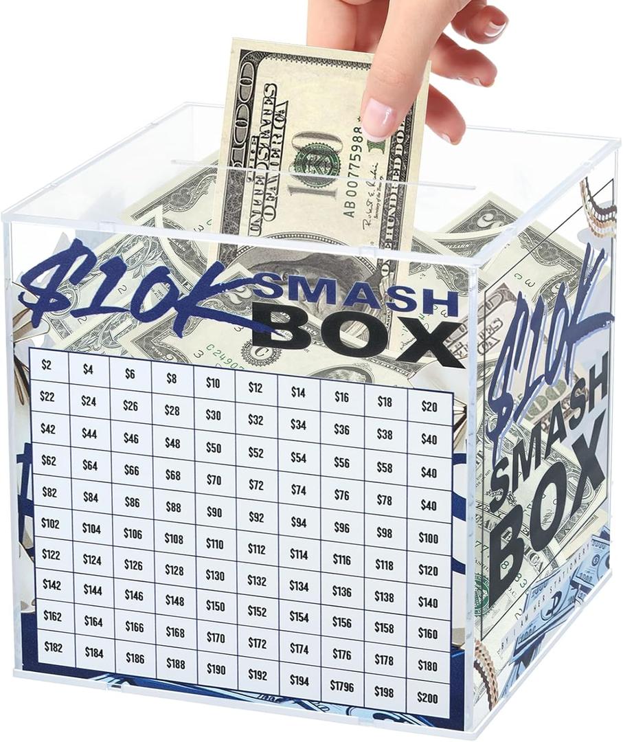 10K Smash Box Money Saving Challenge Unbreakable Piggy Bank for Adults Save $10,000 Money Saving Challenge Box, Clear Acrylic Saver Box for Cash Must Break to Open