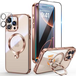 [Tri-Shield Protection] for iPhone 16 Pro Case with 360 Spin Stand Compatible with MagSafe [Magnetic CD Ring] [Screen & Camera Lens Protector] Shockproof Plating Never-Yellowing, Desert Gold-6.3"