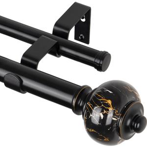 KAMANINA 1 Inch Double Curtain Rod 36 to 72 Inches (3-6ft) Black Telescoping Curtain Rods for Windows, Heavy Duty Dual Drapery Rods with Marbled Finials