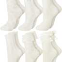 Fourluoo 6 Pairs Ruffle Socks Women Frilly Lace Ankle Socks Cream Lolita Princess Bow Breathable