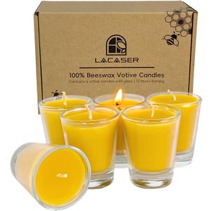 Pure Beeswax Votive Candles in Glass Cup, 6 Pack Bulk Bees Wax Candles for Home, Natural Honey Scent, Bee Themed Gifts for Bee Lovers, Burning Time 12 Hours, Natural Yellow