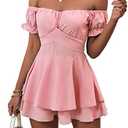 LYANER Women's Off Shoulder Wrap Tie Up Back Ruffle Short Sleeve Romper Short Jumpsuit L