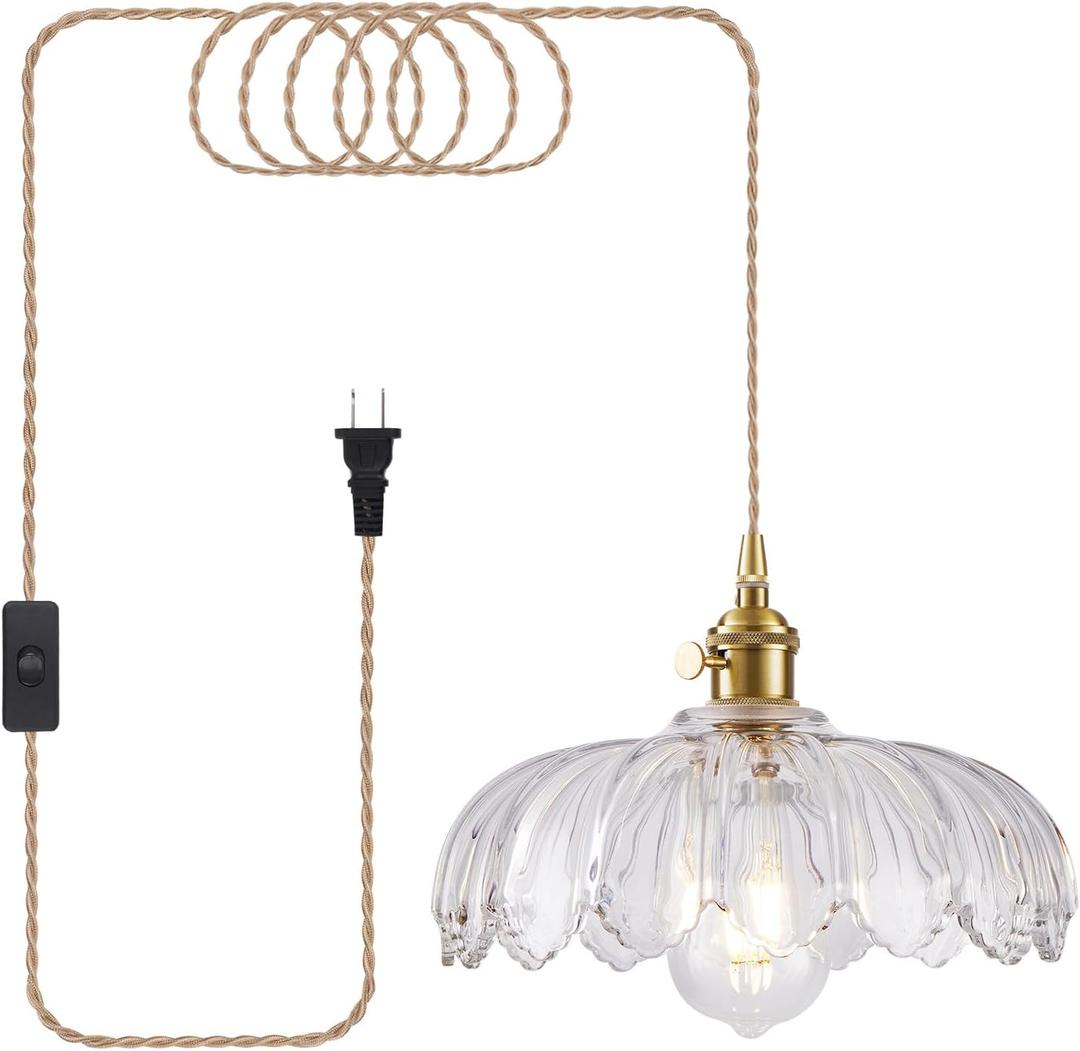 Plug in Pendant Light, Hanging Lights with Plug in Cord, Hanging Light Fixture with Green Glass, E26 Pendant Lighting for Kitchen Island, Bedroom, Dining Room-Clear