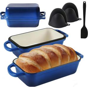 11x5 Inch Blue Cast Iron Loaf Pan with Lid,Large 5.8 Qt Dutch Oven Bread Sourdough Loaf Pan for SourdoughEven Heat Distribution Dutch Oven Bread Pan for Homemade Bread, Meatloaf