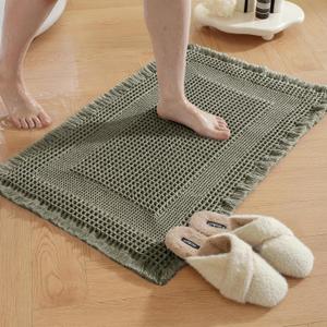 Waffle Bath Mat - Super Water Absorbing Bath Mat Quick Dry, Bathroom Rugs Non Slip Washable with Tassels, Rubber Backed Bathroom Mat for Bathroom Floor, Tub and Shower, 17" x 24", Olive Green