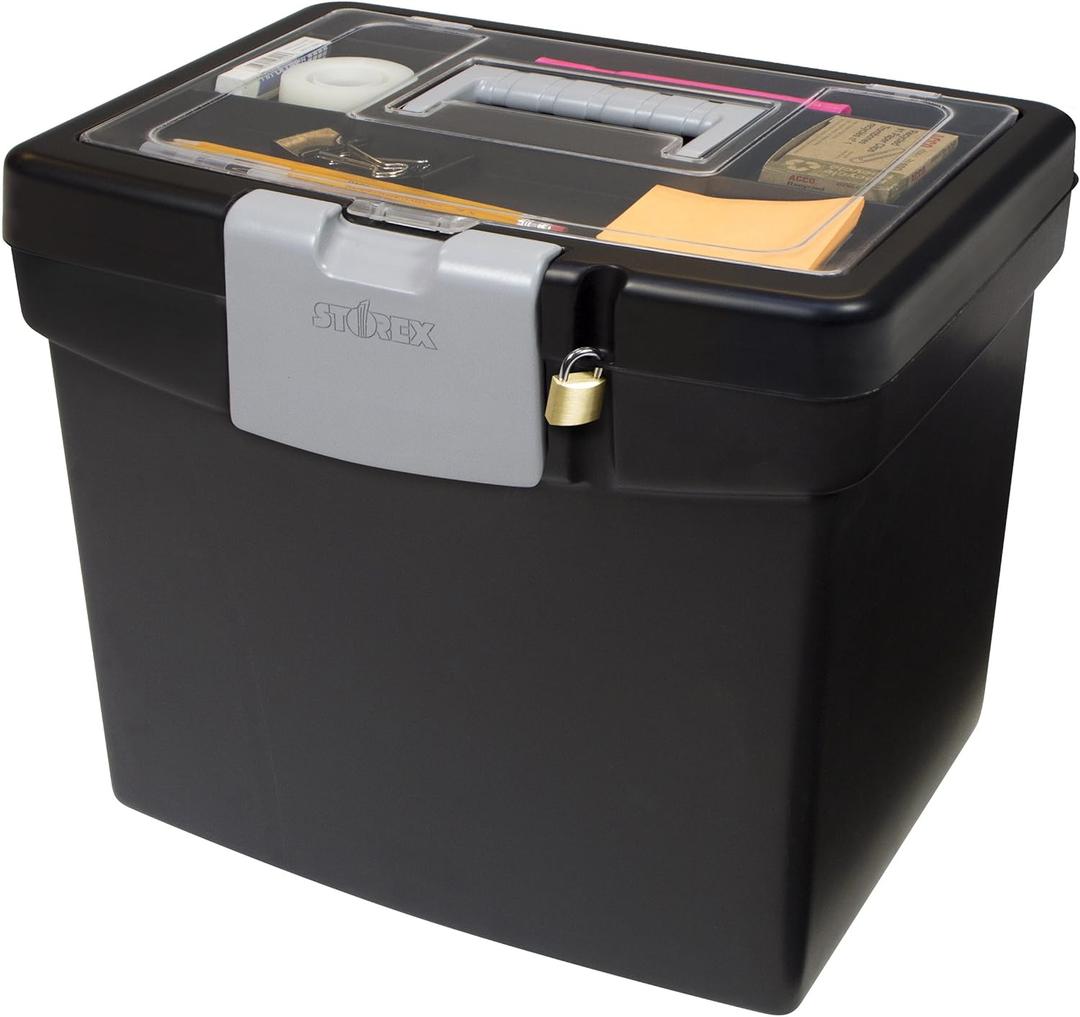 Storex 61504B02C Portable File Box with XL Lid, 11 x 13-1/2 x 11 Inches, Black