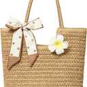 Straw Tote Bag for Women, Large Summer Beach Bag with Polka Dot Scarf & Plumeria Flower (Brown)