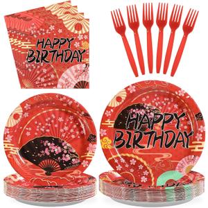 Grencian 96 Pcs Hibachi Party Decorations Folding Fans Birthday Party Supplies Japanese Cherry Blossom Tableware Set for Hibachi Japanese Summer Picnic Birthday Serves 24