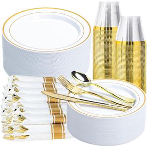350PCS Gold Plastic Plates Dinnerware Set, Thanksgiving Disposable Plates, 50 Dinner and 50 Dessert Plates, 50 Pre Rolled Napkins with Silverware and 50 Cups for Party and Wedding