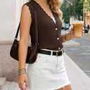 Trendy Sweater Vest Waffle Knit Top Vest V Neck Cardigan Sweater Casual Sleeveless Tops Cute Ruffle Vest (Brown, S)