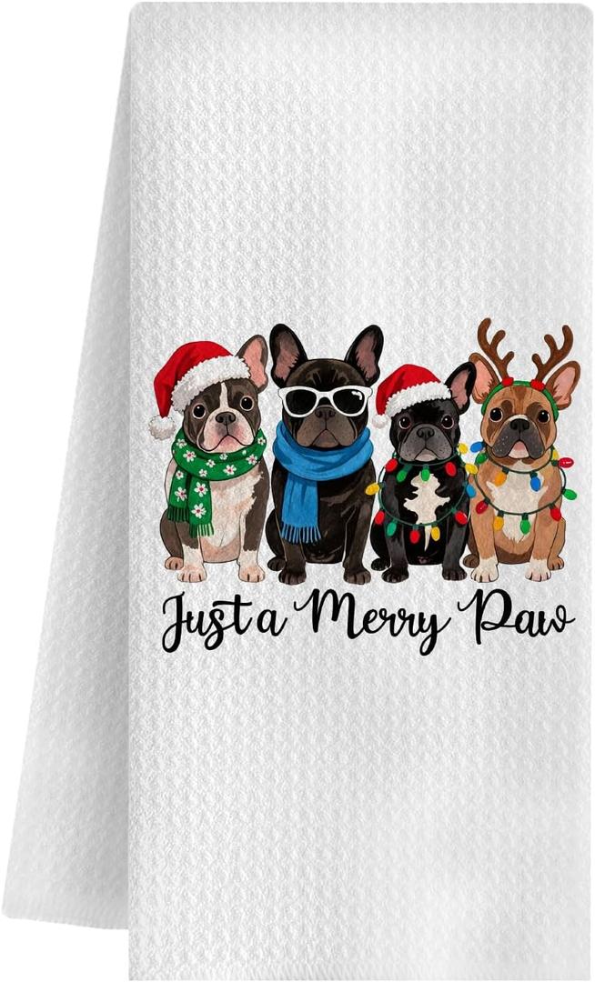 QWZDRHYJI Christmas French Bulldog Kitchen Towels, French Bulldog Gifts Dish Tea Towels for Kitchen, Funny Christmas Frenchie Dog Decorative Hand Towels for Bathroom, 16x24 Inch