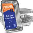 Stack Man 10-Pack Large Aluminum Steam Pans with Lids - 21x13, Heavy Duty for Roasting, Cooking, Warming Food,Silver